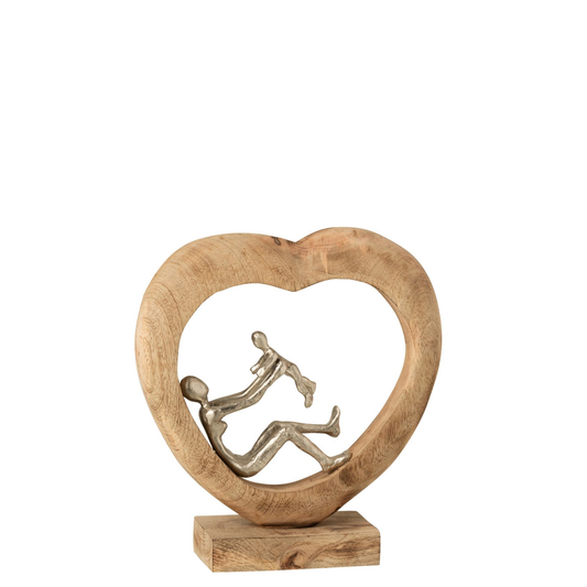 Figuur Ouder Met Kind Hart Mangohout/Aluminium Naturel/Wit